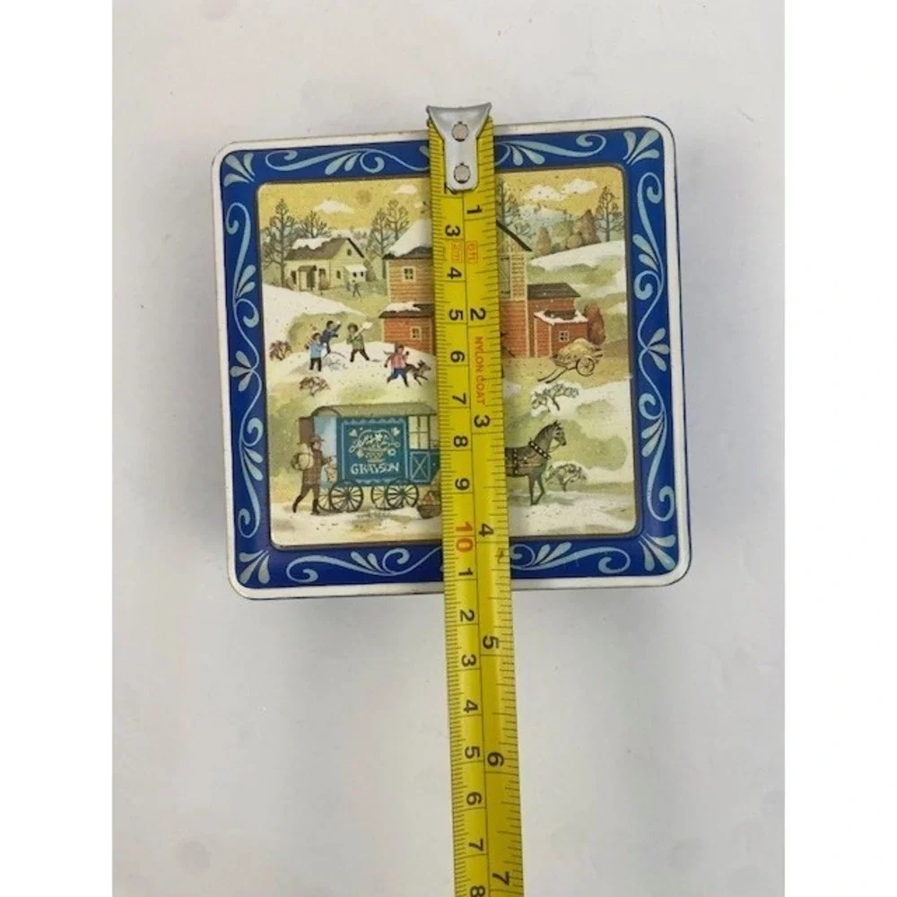 Vintage Crayola Gray Drug Crayon Collection in Daher Winter Farm Scene Metal Tin